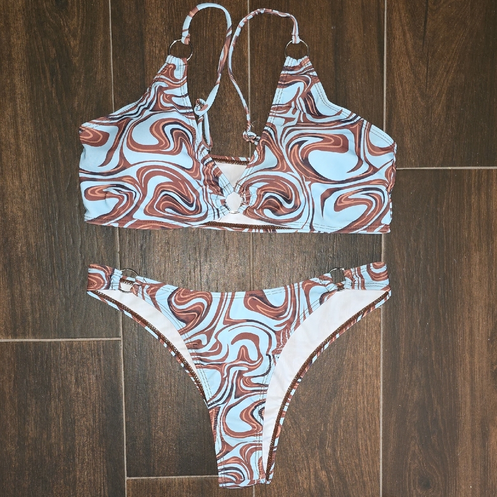 Stylish Swirl Print Bikini Set - Blue and Brown
